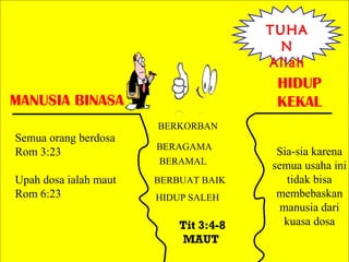 Semua orang berdosa
Rom 3:23
Upah dosa ialah maut
Rom 6:23
BERKORBAN
BERAGAMA
BERAMAL
BERBUAT BAIK
Tit 3:4-8
MAUT
Sia-sia karena
semua usaha ini
tidak bisa
membebaskan
manusia dari
kuasa dosa
TUHA
N
Allah
MANUSIA BINASA
HIDUP
KEKAL
HIDUP SALEH
 