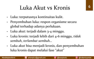#bedahplastikntt	 @robertusarian	
arian9677@gmail.com	 @eanplastic	
Luka	Akut	vs	Kronis	
•  Luka:	terputusnya	kontinuitas	kulit.	
•  Penyembuhan	luka:	respon	organisme	secara	
global	terhadap	adanya	perlukaan.	
•  Luka	akut:	terjadi	dalam	3-4	minggu.		
•  Luka	kronis:	terjadi	lebih	dari	4-6	minggu,	tidak	
sembuh,	terlambat	sembuh…	
•  Luka	akut	bisa	menjadi	kronis,	dan	penyembuhan	
luka	kronis	dapat	melalui	fase	“akut”	
6	
 