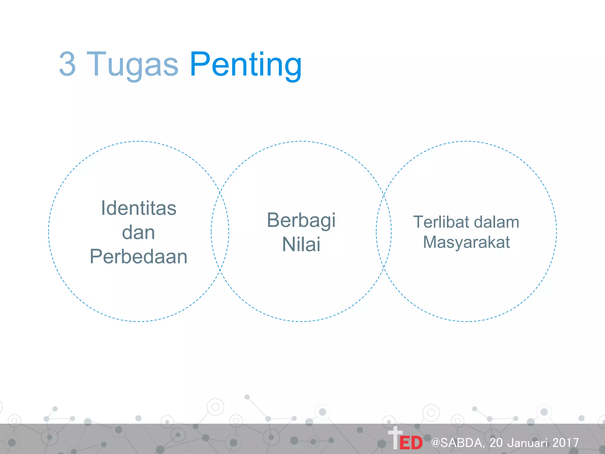 3 Tugas Penting
Berbagi
Nilai
Identitas
dan
Perbedaan
Terlibat dalam
Masyarakat
@SABDA, 20 Januari 2017
 