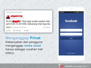 Menganggap Privat
Kebanyakan dari pengguna
menganggap media sosial
hanya sebagai curahan hati
(diary).
Place your screenshot here
@SABDA, 20 Januari 2017
 