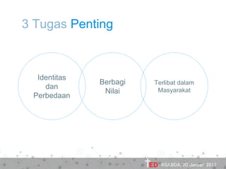 3 Tugas Penting
Berbagi
Nilai
Identitas
dan
Perbedaan
Terlibat dalam
Masyarakat
@SABDA, 20 Januari 2017
 