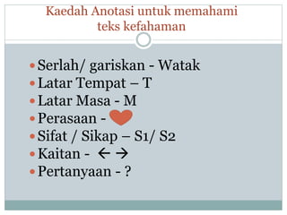Kaedah Anotasi untuk memahami
teks kefahaman
Serlah/ gariskan - Watak
Latar Tempat – T
Latar Masa - M
Perasaan -
Sifat / Sikap – S1/ S2
Kaitan -  
Pertanyaan - ?
 