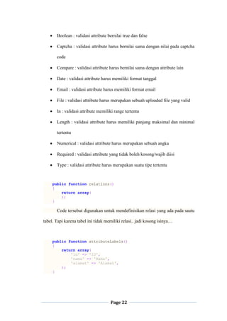 Page 22
 Boolean : validasi attribute bernilai true dan false
 Captcha : validasi attribute harus bernilai sama dengan nilai pada captcha
code
 Compare : validasi attribute harus bernilai sama dengan attribute lain
 Date : validasi attribute harus memiliki format tanggal
 Email : validasi attribute harus memiliki format email
 File : validasi attribute harus merupakan sebuah uploaded file yang valid
 In : validasi attribute memiliki range tertentu
 Length : validasi attribute harus memiliki panjang maksimal dan minimal
tertentu
 Numerical : validasi attribute harus merupakan sebuah angka
 Required : validasi attribute yang tidak boleh kosong/wajib diisi
 Type : validasi attribute harus merupakan suatu tipe tertentu
public function relations()
{
return array(
);
}
Code tersebut digunakan untuk mendefinisikan relasi yang ada pada sautu
tabel. Tapi karena tabel ini tidak memiliki relasi.. jadi kosong isinya…
public function attributeLabels()
{
return array(
'id' => 'ID',
'nama' => 'Nama',
'alamat' => 'Alamat',
);
}
 