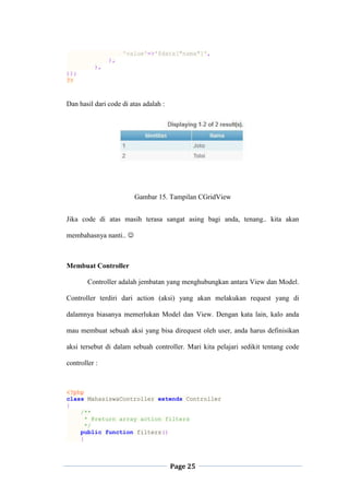 Page 25
'value'=>'$data["nama"]',
),
),
));
?>
Dan hasil dari code di atas adalah :
Gambar 15. Tampilan CGridView
Jika code di atas masih terasa sangat asing bagi anda, tenang.. kita akan
membahasnya nanti.. 
Membuat Controller
Controller adalah jembatan yang menghubungkan antara View dan Model.
Controller terdiri dari action (aksi) yang akan melakukan request yang di
dalamnya biasanya memerlukan Model dan View. Dengan kata lain, kalo anda
mau membuat sebuah aksi yang bisa direquest oleh user, anda harus definisikan
aksi tersebut di dalam sebuah controller. Mari kita pelajari sedikit tentang code
controller :
<?php
class MahasiswaController extends Controller
{
/**
* @return array action filters
*/
public function filters()
{
 