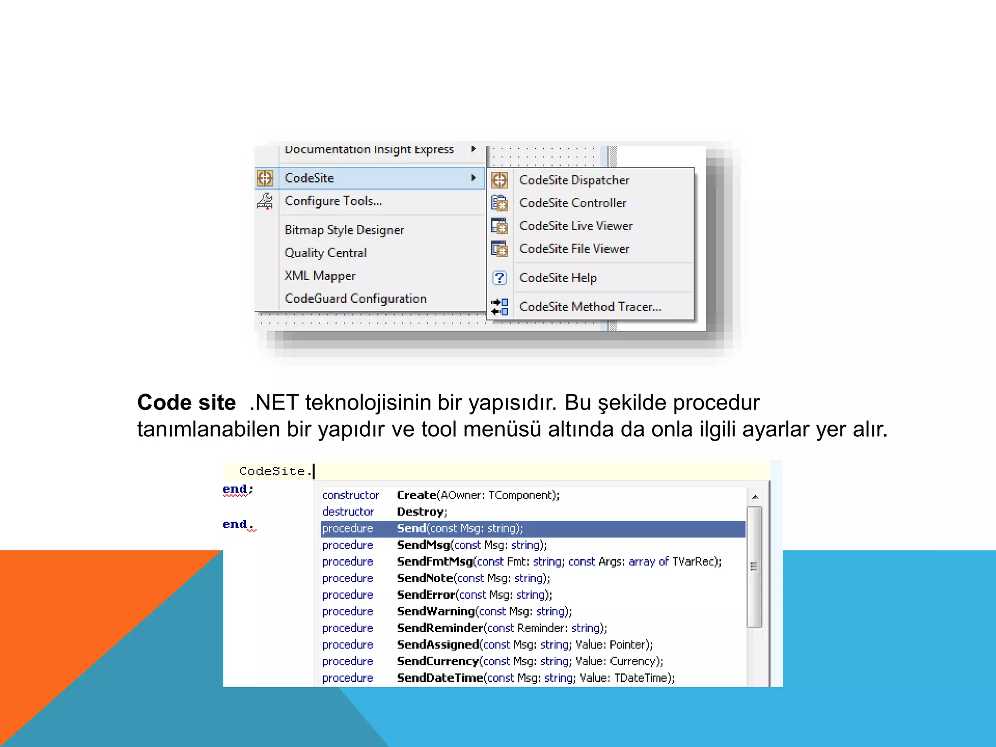 Code site .NET teknolojisinin bir yapısıdır. Bu şekilde procedur
tanımlanabilen bir yapıdır ve tool menüsü altında da onla ilgili ayarlar yer alır.
 