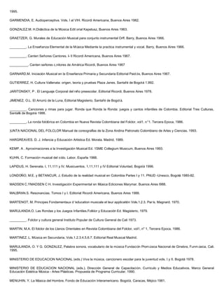 1995.
GARMENDIA, E. Audioperceptiva. Vols. I al VIH. Ricordi Americana, Buenos Aires 1982.
GONZALEZ.M. H.Didáctica de la Música Edit orial Kapelusz, Buenos Aires 1963.
GRAETZER, G. Murales de Educación Musical para conjunto instrumental Orff. Barry, Buenos Aires 1966.
_________. La Enseñanza Elemental de la Música Mediante la practica instrumental y vocal. Barry, Buenos Aires 1966.
_________. Canten Señores Cantores. I- II Ricordi Americana, Buenos Aires 1967.
__________. Canten señores c,nitores de América Ricordi, Buenos Aires 1967
GARNARD,M. Iniciación Musical en la Enseñanza Primaria y Secundaria Editorial Paid ós, Buenos Aires 1967.
GUTIERREZ, H. Cultura Vallenata: origen, teoria y pruebas Plaza Janes, Santafé de Bogotá 1.992.
JARITONSKY, P . El Lenguaje Corporal del niño preescolar. Editorial Ricordi, Buenos Aires 1978.
JIMENEZ, O.L. El Arrurrú de la Luna, Editorial Magisterio, Santafé de Bogot á.
_________. Canciones y rimas para jugar. Ronda que Ronda la Ronda: juegos y cantos infantiles de Colombia. Editorial Tres Culturas,
Santafé de Bogotá 1988.
_________. La ronda folclórica en Colombia en Nueva Revista Colombiana del Folclor, vol1, n°1. Tercera Epoca, 1986.
)UNTA NACIONAL DEL FOLCLOR Manual de coreografías de la Zona Andina Patronato Colombiano de Artes y Ciencias. 1993.
HARGREAVES. D. J. Infancia y Educación Artística Ed. Morata. Madrid, 1989.
KEMP. A . Aproximaciones a la Investigación Musical Ed. 1SME Collegium Musicum, Buenos Aires 1993.
KUHN, C. Formación musical del oído. Labor, España 1988.
LAPIDUS, H. Serenata. I, 11,111 y IV. Musicuentos, 1,11,111 y IV Editorial Voluntad, Bogotá 1996.
LONDOÑO, M.E. y BETANCUR, J. Estudio de la realidad musical en Colombia Partes I y 11. PNUD -Unesco, Bogotá 1980-82.
MADSEN C.YMADSEN C H. Investigación Experimental en Música Ediciones Marymar. Buenos Aires I988.
MALBRAN.S. Resonancias. Tomos I y I. Editorial Ricordi Americana, Buenos Aires 1988.
MARTENOT, M. Principes Fondamentaux d 'education musicale et leur applicatión Vols.1.2.3. París. Magnard. 1970.
MARULANDA.O. Las Rondas y los Juegos Infantiles.Folklor y Educación Ed. Magisterio, 1979.
_________. Folclor y cultura general Instituto Popular de Cultura General de Cali 1973.
MARTIN, M.A. El folclor de los Llanos Orientales en Revista Colombiana del Folclor, vol1, n" 1, Tercera Epoca. 1986.
MARTINEZ. L. Música en Secundaria. Vols.1.2.3.4.5.6.7. Editorial Real Musical Madrid.
MARULANDA, O. Y G. GONZALEZ, Palabra sonora, vocabulario de la música Fundación Promúsica Nacional de Ginebra, Funm úsica, Cali.
1995.
MINISTERIO DE EDUCACION NACIONAL (eds.) Viva la música, cancionero escolar para la juventud vols. I y II. Bogotá 1978.
MINISTERIO DE EDUCACION NACIONAL (eds.). Dirección General de Capacitación. Currículo y Medios Educativos. Marco General
Educación Estética Música - Artes Plásticas. Propuesta de Programa Curricular. 1990.
MENUHIN, Y. La Música del Hombre, Fondo de Educación Interamericano. Bogotá, Caracas, Méjico 1981.
 