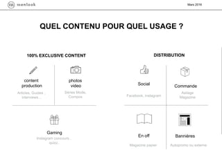 Mars 2016
Social
Facebook, instagram
Commande
Asilage
Magazine
DISTRIBUTION
En off
Magazine papier
Bannières
Autopromo ou externe
photos
video
Séries Mode,
Compos
content
production
Articles, Guides ,
interviews…
Gaming
Instagram concours ,
quizz..
100% EXCLUSIVE CONTENT
QUEL CONTENU POUR QUEL USAGE ?
 