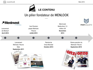 Mars 2016
LE CONTENU
Lancement
de Menly.fr
Avril 2010
Lancement
Menlook Tribune
Web
Septembre 2011
1ere Parution
papier Menlook
Tribune
Juillet 2012
Rachat de
Onze Mondial
Octobre 2013
Meninvest
Media lève 1,5
million d’€
Novembre
2013
10eme parution du
Menlook Tribune
Septembre 2015
 