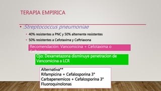 TERAPIA EMPIRICA
• :Streptococcus pneumoniae
• 40% resistentes a PNC y 50% altemente resistentes
• 50% resistentes a Cefotaxima y Ceftriaxona
Recomendación: Vancomicina + Cefotaxima o
Ceftriaxona
Alternativa**
Rifampicina + Cefalosporina 3°
Carbapenemicos + Cefalosporina 3°
Fluoroquinolonas
Ojo: Dexametazona disminuye penetracion de
Vancomicina a LCR
 