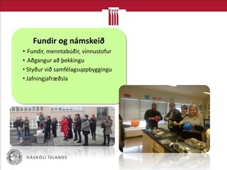 Fundir og námskeið
• Fundir, menntabúðir, vinnustofur
• Aðgangur að þekkingu
• Styður við samfélagsuppbyggingu
• Jafningjafræðsla
 