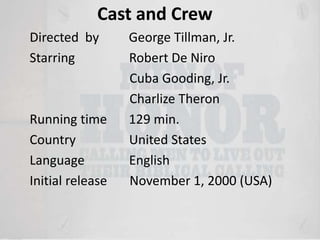 Cast and Crew
Directed by
Starring

Running time
Country
Language
Initial release

George Tillman, Jr.
Robert De Niro
Cuba Gooding, Jr.
Charlize Theron
129 min.
United States
English
November 1, 2000 (USA)

 