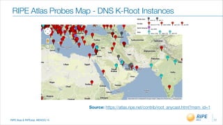 RIPE Atas & RIPEstat, MENOG 14
RIPE Atlas Probes Map - DNS K-Root Instances
17
Source: https://atlas.ripe.net/contrib/root_anycast.html?msm_id=1
 