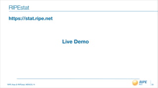 RIPE Atas & RIPEstat, MENOG 14
RIPEstat
20
Live Demo
https://stat.ripe.net
 