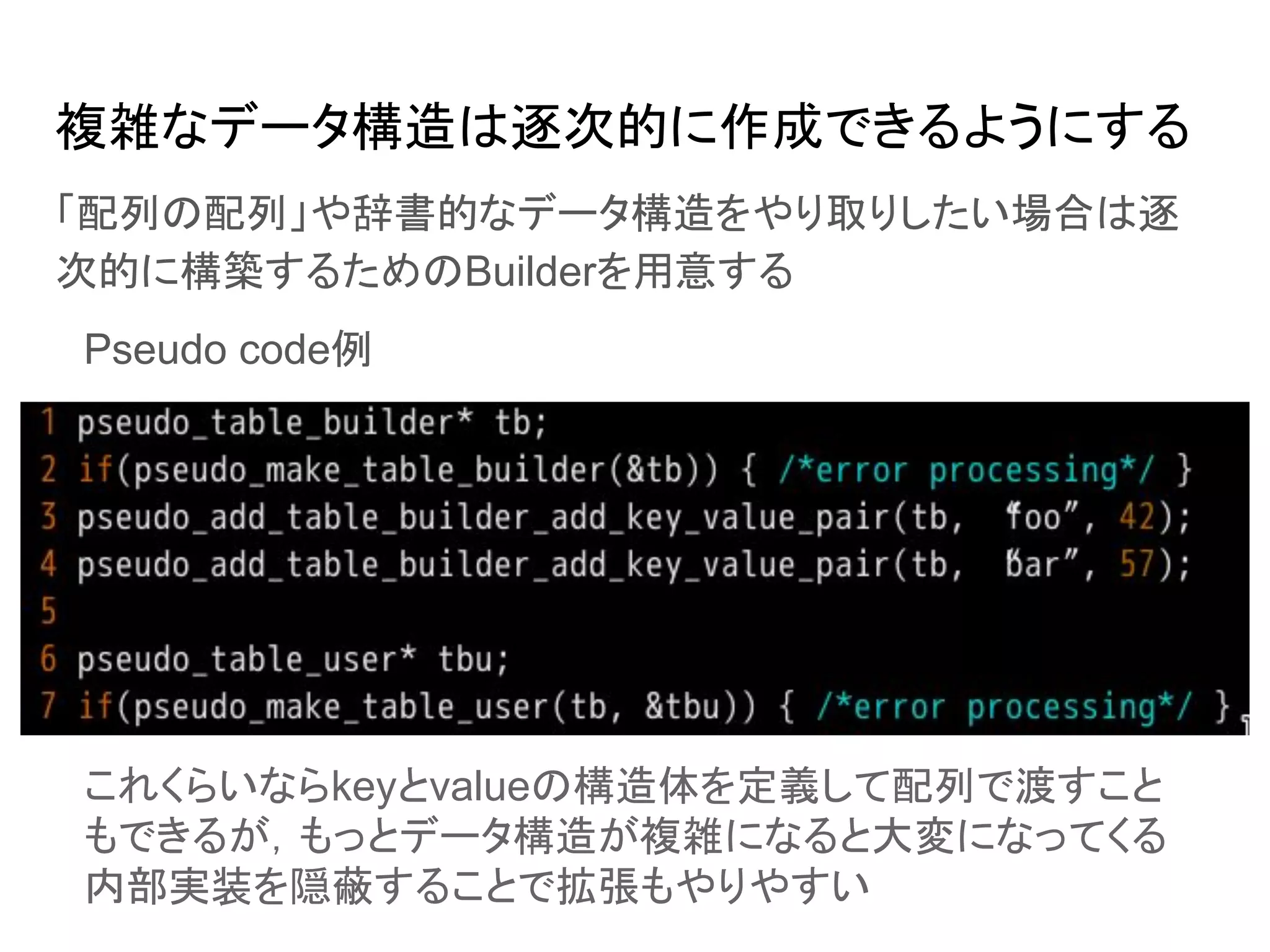 複雑なデータ構造は逐次的に作成できるようにする
「配列の配列」や辞書的なデータ構造をやり取りしたい場合は逐
次的に構築するためのBuilderを用意する
これくらいならkeyとvalueの構造体を定義して配列で渡すこと
もできるが，もっとデータ構造が複雑になると大変になってくる
内部実装を隠蔽することで拡張もやりやすい
Pseudo code例
 