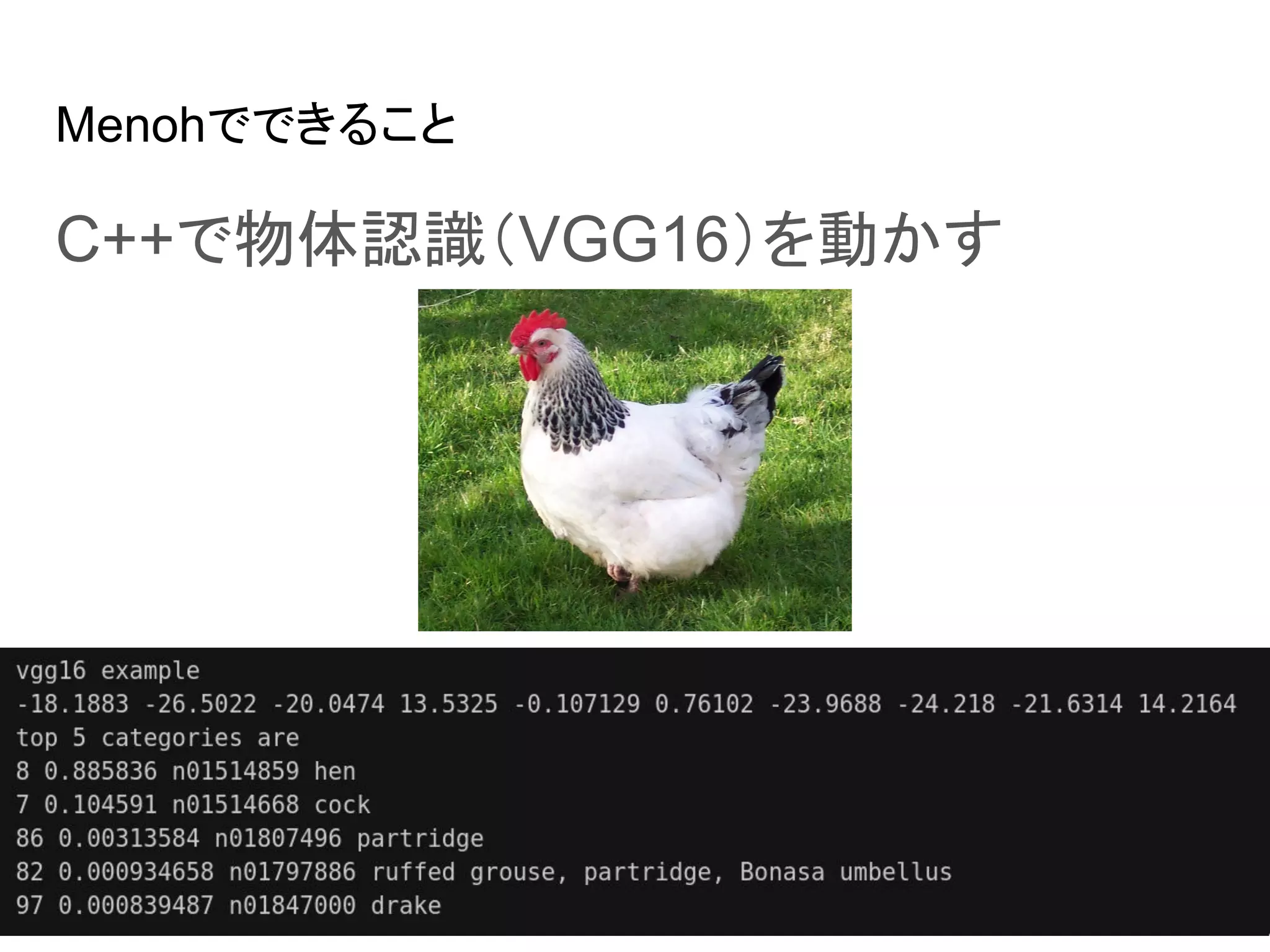 Menohでできること
C++で物体認識（VGG16）を動かす
 
