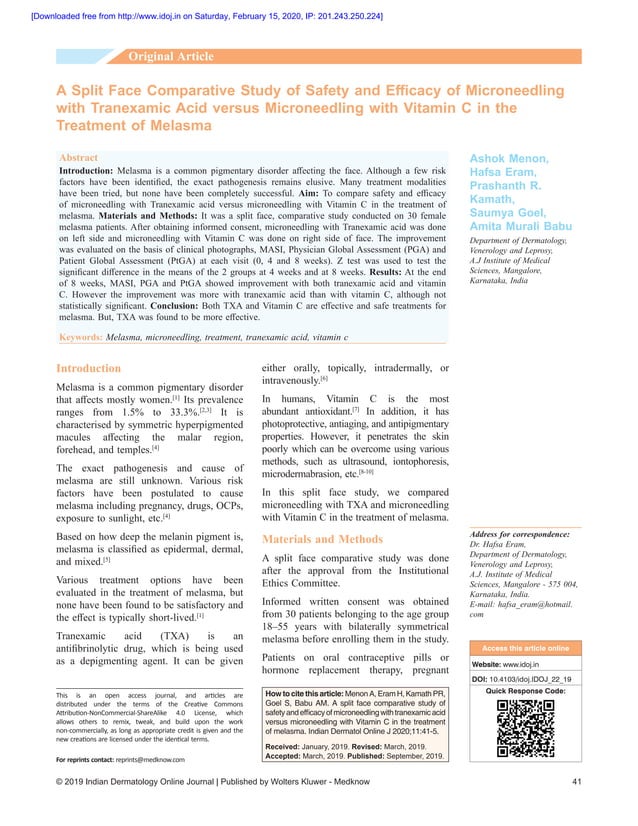 Menon, et al. 2020 comparative study of microneedling with tranexamic