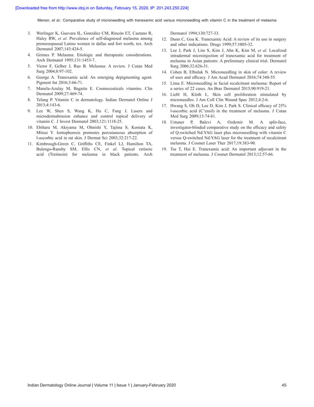 Menon, et al. 2020 comparative study of microneedling with tranexamic