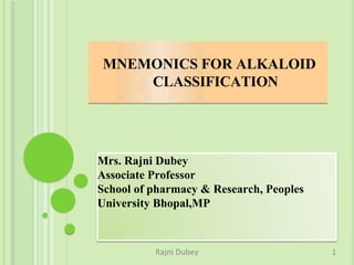 MNEMONICS FOR ALKALOID
CLASSIFICATION
Mrs. Rajni Dubey
Associate Professor
School of pharmacy & Research, Peoples
University Bhopal,MP
1Rajni Dubey
 