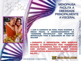 FONTE:REV.SCIENCE,28MAY2004-Nº.5675 – VOL.304 – PG-1269.-
               COM O AUMENTO DE PESO, PODE OCORRER A
             MÉDIO PRAZO, O DESENCADEAMENTO DA
             “SINDROME METABOLICA” COM PROFUNDA
             REPERCUÇÃO PARA A QUALIDADE DE VIDA DA
             MULHER


               DURANTE A MENOPAUSA, NÃO SOMENTE
             OCORRE A DIMINUIÇÃO DOS HORMÔNIOS
             SEXUAIS FEMININOS, MAS O MESMO OCORRE
             COM OUTROS HORMÔNIOS NÃO MENOS
             IMPORTANTES;SOMATOTROFINA,TIREOIDIAN
             OS,ETC...

©2006 VAN DER HAAGEN – ALL RIGHTS RESERVED
 