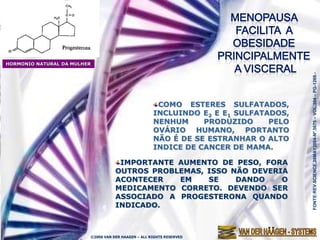 A MENOPAUSA FACILITA A
            OBESIDADE PRINCIPALMENTE A
                 VISCERAL (ABDOMINAL)
HORMONIO NATURAL DA MULHER




                                                                                     FONTE:REV.SCIENCE,28MAY2004-Nº.5675 – VOL.304 – PG-1269.-
                                                      COMO ESTERES SULFATADOS,
                                                     INCLUINDO E2 E E1 SULFATADOS,
                                                     NENHUM     PRODUZIDO     PELO
                                                     OVÁRIO HUMANO, PORTANTO
                                                     NÃO É DE SE ESTRANHAR O ALTO
                                                     INDICE DE CANCER DE MAMA.

                                     IMPORTANTE AUMENTO DE PESO, FORA
                                    OUTROS PROBLEMAS, ISSO NÃO DEVERIA
                                    ACONTECER   EM    SE    DANDO    O
                                    MEDICAMENTO CORRETO. DEVENDO SER
                                    ASSOCIADO A PROGESTERONA QUANDO
                                    INDICADO.



                         ©2006 VAN DER HAAGEN – ALL RIGHTS RESERVED
 