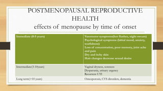 POSTMENOPAUSAL REPRODUCTIVE
HEALTH
effects of menopause by time of onset
Immediate (0-5 years) Vasomotor symptoms(hot flushes, night sweats)
Psychological symptoms (labial mood, anxiety,
tearfulness)
Loss of concentration, poor memory, joint ache
and pain
Dry and itchy skin
Hair changes decrease sexual desire
Intermediate(3-10years) Vaginal dryness, soreness
Dysparunia, urinary urgency
Recurrent UTI
Long term(>10 years) Osteoporosis, CVS dirorders, dementia
 