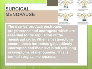 SURGICAL
MENOPAUSE
The ovaries produce oestrogen,
progesterone and androgens which are
essential to the regulation of the
menstrual cycle. When a hysterectomy
occurs, these hormones get suddenly
interrupted and their levels fall resulting
in symptoms of menopause. This is
termed surgical menopause.
 