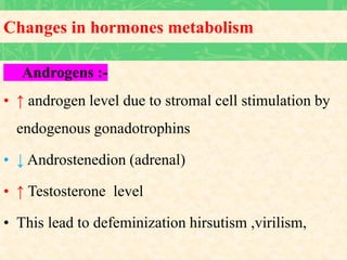Changes in hormones metabolism
Androgens :-
• ↑ androgen level due to stromal cell stimulation by
endogenous gonadotrophins
• ↓ Androstenedion (adrenal)
• ↑ Testosterone level
• This lead to defeminization hirsutism ,virilism,
 