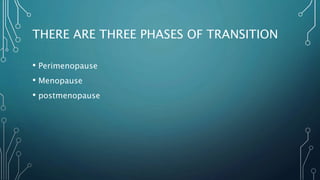 THERE ARE THREE PHASES OF TRANSITION
• Perimenopause
• Menopause
• postmenopause
 