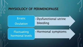 PHYSIOLOGY OF PERIMENOPAUSE
•Dysfunctional utrine
bleeding
Erratic
Ovulation
•Hormonal symptomsFluctuating
hormonal levels
 
