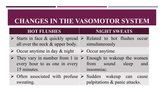 CHANGES IN THE VASOMOTOR SYSTEM
HOT FLUSHES NIGHT SWEATS
 Starts in face & quickly spread
all over the neck & upper body.
 Related to hot flushes occur
simultaneously
 Occur anytime in day & night  Occur anytime
 They vary in number from 1 in
every hour to as one in every
15 minutes.
 Enough to wakeup the women
from sound sleep and
insomniac.
 Often associated with profuse
sweating.
 Sudden wakeup can cause
palpitations & panic attacks.
 