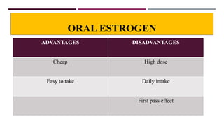 ORAL ESTROGEN
ADVANTAGES DISADVANTAGES
Cheap High dose
Easy to take Daily intake
First pass effect
 
