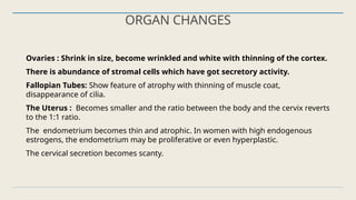 ORGAN CHANGES
Ovaries : Shrink in size, become wrinkled and white with thinning of the cortex.
There is abundance of stromal cells which have got secretory activity.
Fallopian Tubes: Show feature of atrophy with thinning of muscle coat,
disappearance of cilia.
The Uterus : Becomes smaller and the ratio between the body and the cervix reverts
to the 1:1 ratio.
The endometrium becomes thin and atrophic. In women with high endogenous
estrogens, the endometrium may be proliferative or even hyperplastic.
The cervical secretion becomes scanty.
 