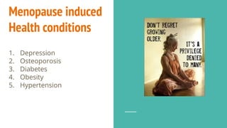 Menopause induced
Health conditions
1. Depression
2. Osteoporosis
3. Diabetes
4. Obesity
5. Hypertension
 