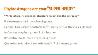 Phytoestrogens are your“SUPER HEROS”
“Phytoestrogens chemical structure resembles the estrogen”
Phytoestrogens are in polyphenols groups:
Lignans - ﬁbre packed plant food, seeds, grains, berries, ﬂaxseeds, nuts, fruits
Isoﬂavones - soyabeans, nuts, fruits, legumes.
Resveratrol - fruits, berries, peanuts, red wine
Quercetin - antioxidant ﬂavonoids found in fruits, vegges, grains.
 