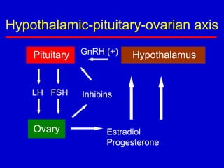 Hypothalamic-pituitary-ovarian axis
Pituitary HypothalamusGnRH (+)
Estradiol
Progesterone
LH FSH Inhibins
Ovary
 