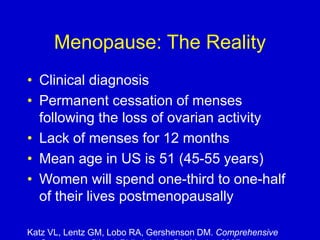 Menopause: The Reality
• Clinical diagnosis
• Permanent cessation of menses
following the loss of ovarian activity
• Lack of menses for 12 months
• Mean age in US is 51 (45-55 years)
• Women will spend one-third to one-half
of their lives postmenopausally
Katz VL, Lentz GM, Lobo RA, Gershenson DM. Comprehensive
 
