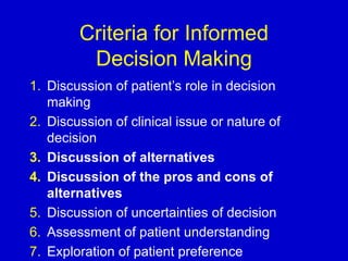 Criteria for Informed
Decision Making
1. Discussion of patient’s role in decision
making
2. Discussion of clinical issue or nature of
decision
3. Discussion of alternatives
4. Discussion of the pros and cons of
alternatives
5. Discussion of uncertainties of decision
6. Assessment of patient understanding
7. Exploration of patient preference
 