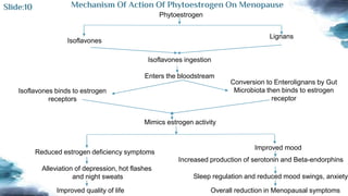 Phytoestrogen
Isoflavones
Lignans
Isoflavones ingestion
Enters the bloodstream
Isoflavones binds to estrogen
receptors
Conversion to Enterolignans by Gut
Microbiota then binds to estrogen
receptor
Reduced estrogen deficiency symptoms
Alleviation of depression, hot flashes
and night sweats
Improved quality of life
Increased production of serotonin and Beta-endorphins
Improved mood
Sleep regulation and reduced mood swings, anxiety
Overall reduction in Menopausal symptoms
Mimics estrogen activity
Mechanism Of Action Of Phytoestrogen On Menopause
Slide:10
 