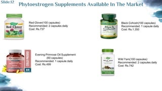Phytoestrogen Supplements Available In The Market
Red Clover(100 capsules)
Recommended: 2 capsules daily
Cost: Rs.737
Evening Primrose Oil Supplement
(60 capsules)
Recommended: 1 capsule daily
Cost: Rs.499
Black Cohosh(100 capsules)
Recommended: 1 capsule daily
Cost: Rs.1.350
Wild Yam(100 capsules)
Recommended: 2 capsules daily
Cost: Rs.742
Slide:12
 