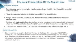 Chemical Composition Of The Supplement
Analytical Analysis:
 Formula was prepared by mixing the ingredients according to the table 1 and the suitable amount of
water were added.
 These formulas were baked in an electrical oven at 200 °C for about 20 mins.
 Weight, volume, diameter, specific volume, diameter, thickness, and spread ration of the cookies
were recorded.
 Moisture, ash, crude protein, fat and crude fiber contents were determined in raw materials [whole meal
wheat flour (WWF), defatted soybean flour (DSF), skim milk (SM), Flaxseed and anise] and the cookies.
 Carbohydrates were calculated: Carbohydrates = 100-Protein %+Fat %+Ash %+Crude fiber %
Statistical analysis:
 Data were analyzed using the Statistical Package for the Social Sciences version 16 (SPSS Inc.,
Chicago, IL). The categorical variables were expressed as rates (in percentage and frequency);
while numerical data were expressed as Mean±SD and SE. Two tailed student t-test was used to
compare the results before and after intervention. p-values less than 0.05 were considered
statistically significant.
Slide:20
 