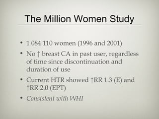 The Million Women Study
• 1 084 110 women (1996 and 2001)
• No ↑ breast CA in past user, regardless
of time since discontinuation and
duration of use
• Current HTR showed ↑RR 1.3 (E) and
↑RR 2.0 (EPT)
• Consistent with WHI

 