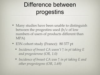 Difference between
progestins
• Many studies have been unable to distinguish
between the progestins used (b/c of low
numbers of users of products different than
MPA)
• E3N cohort study (France): 80 377 pt
• Incidence of breast CA wasn’t ↑ in pt taking E
and progesterone (OR, 1.0)
• Incidence of breast CA was ↑ in pt taking E and
other progestogens (OR, 1.69)

 