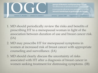 1. MD should periodically review the risks and benefits of
prescribing HT to a menopausal woman in light of the
association between duration of use and breast cancer risk.
(IA)
2. MD may prescribe HT for menopausal symptoms in
women at increased risk of breast cancer with appropriate
counseling and surveillance. (IA)
3. MD should clearly discuss the uncertainty of risks
associated with HT after a diagnosis of breast cancer in
women seeking treatment for distressing symptoms. (IB)

 