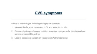 CVS symptoms
● Due to low estrogen following changes are observed
1. Incresed TAGs, total cholesterol, LDL and reduction in HDL
2. Femlae physiology changes, nutrition, exercise, changes in fat distribution from
a more gynaecoid to android .
3. Loss of estrogenic support on vessel walls(^atherogenesis)
 