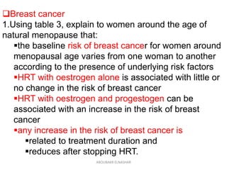 Breast cancer
1.Using table 3, explain to women around the age of
natural menopause that:
the baseline risk of breast cancer for women around
menopausal age varies from one woman to another
according to the presence of underlying risk factors
HRT with oestrogen alone is associated with little or
no change in the risk of breast cancer
HRT with oestrogen and progestogen can be
associated with an increase in the risk of breast
cancer
any increase in the risk of breast cancer is
related to treatment duration and
reduces after stopping HRT.
ABOUBAKR ELNASHAR
 