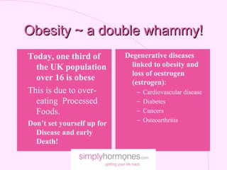 Obesity ~ a double whammy!
l Today,  one third of       l Degenerative   diseases
   the UK population             linked to obesity and
                                 loss of oestrogen
   over 16 is obese
                                 (estrogen):
 This is due to over-             – Cardiovascular disease
   eating Processed               – Diabetes
   Foods.                         – Cancers
                                  – Osteoarthritis
 Don’t set yourself up for
   Disease and early
   Death!
 