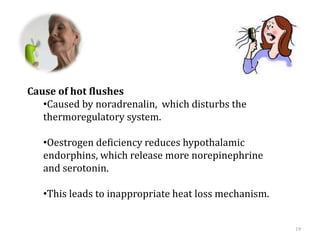 Cause of hot flushes
•Caused by noradrenalin, which disturbs the
thermoregulatory system.
•Oestrogen deficiency reduces hypothalamic
endorphins, which release more norepinephrine
and serotonin.
•This leads to inappropriate heat loss mechanism.
19
 