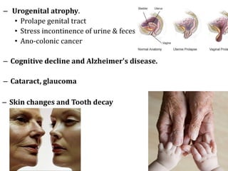 – Urogenital atrophy.
• Prolape genital tract
• Stress incontinence of urine & feces
• Ano-colonic cancer
– Cognitive decline and Alzheimer's disease.
– Cataract, glaucoma
– Skin changes and Tooth decay
25
 