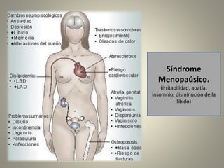 Síndrome
Menopaúsico.
(irritabilidad, apatía,
insomnio, disminución de la
libido)
 