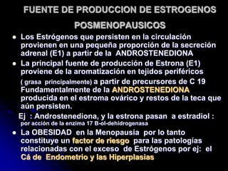 FUENTE DE PRODUCCION DE ESTROGENOS
POSMENOPAUSICOS
 Los Estrógenos que persisten en la circulación
provienen en una pequeña proporción de la secreción
adrenal (E1) a partir de la ANDROSTENEDIONA
 La principal fuente de producción de Estrona (E1)
proviene de la aromatización en tejidos periféricos
( grasa principalmente) a partir de precursores de C 19
Fundamentalmente de la ANDROSTENEDIONA
producida en el estroma ovárico y restos de la teca que
aún persisten.
Ej : Androstenediona, y la estrona pasan a estradiol :
por acción de la enzima 17 B-ol-dehidrogenasa
 La OBESIDAD en la Menopausia por lo tanto
constituye un factor de riesgo para las patologías
relacionadas con el exceso de Estrógenos por ej: el
Cá de Endometrio y las Hiperplasias
 